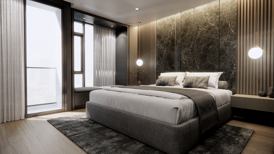 Modern bedroom with a queen wall bed